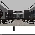 Elegant Private Dining Room With Circular Rippling Ceiling Green Pendant Light And Round Table 3d model