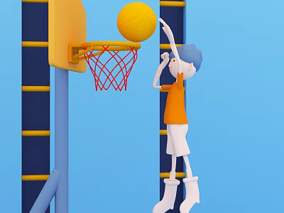 Cartoon Boy Playing Basketball With Hoop And Ladder Structure On Blue Background 3d model