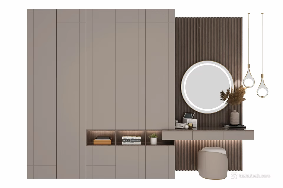 Modern Wardrobe Interior Design With Dressing Table Round Mirror And Decorative Items 3d model