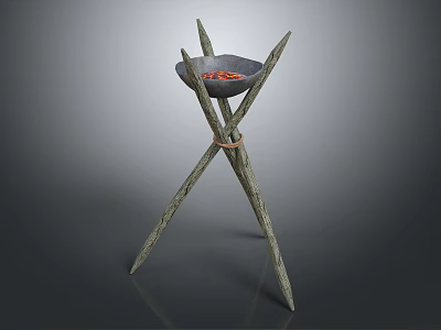 Rustic Decorative Furniture Stand With Crossed Branch Legs and a Bowl Holding Red Decorative Items 3d model