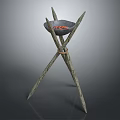 Rustic Decorative Furniture Stand With Crossed Branch Legs and a Bowl Holding Red Decorative Items