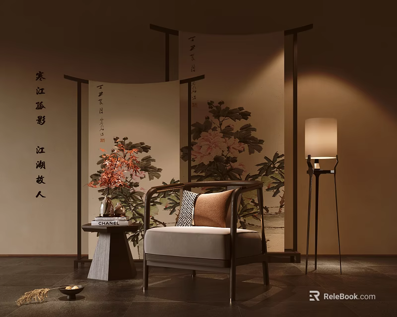 Traditional Chinese Hotel Public Lounge Area With Floral Screen Armchair Floor Lamp And Side Table 3d model 