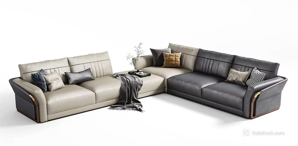 Sectional Leather Sofa In Beige Dark Gray With Pillows Throw Blanket And Side Table 3d model