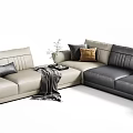 Sectional Leather Sofa In Beige Dark Gray With Pillows Throw Blanket And Side Table 3d model