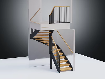 Modern Staircase Design With Wooden Steps Black Metal Railings And Landing 3d model