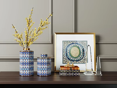 Blue White Patterned Vase Twigs Jar Golden Framed Decorative Painting Books Glass Ornaments Set 3d model