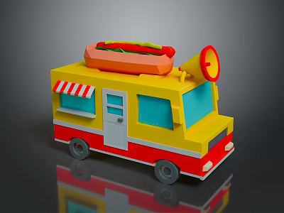 Vibrant Yellow Red Food Truck Featuring Top Hot Dog Megaphone And Striped Awning 3d model