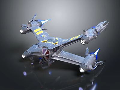 Futuristic Cosmic Spaceship Design with Metallic Wings and Multiple Engines Structure 3d model