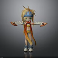 Cartoon Woman With Golden Hair Blue Headband Green Eyes In Colorful Outfit Stretching Arms