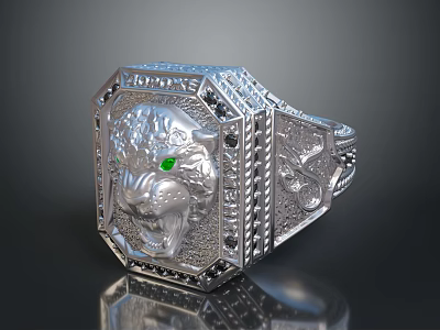 Silver Lion Head Ring With Green Eyes Black Gemstones And Decorative Patterns 3d model