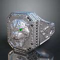 Silver Lion Head Ring With Green Eyes Black Gemstones And Decorative Patterns