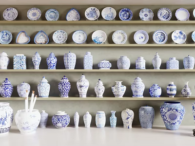 Blue and White Ceramic Vessels with Traditional Patterns Displayed on Shelves 3d model
