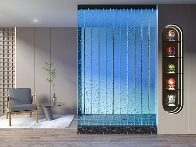 Modern Interior Waterfall Glass Partition with Display Shelf and Decorative Figurines 3d model