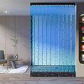 Modern Interior Waterfall Glass Partition with Display Shelf and Decorative Figurines