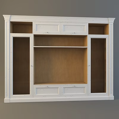 White Wooden Sideboard With Open Shelf Middle Closed Cabinets And Drawers 3d model
