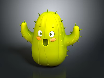 Green Cartoon Cactus Character With Cute Expression Big Eyes Open Mouth And Blush Cheeks 3d model
