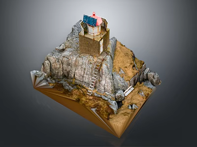 Cartoon Scenery Of Lighthouse On Rocky Cliff With Wooden Ladder And Surrounding Rocks 3d model