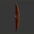 Traditional Red Shield With Yellow Geometric Patterns Silver Central Band And Wing Shaped Decorations Ancient Warfare Weapon