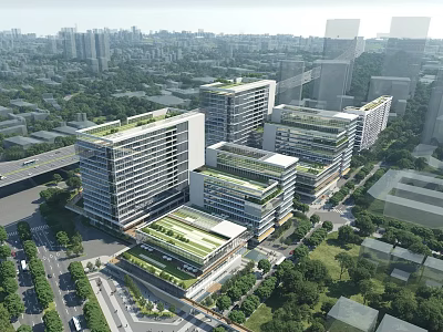 Modern Office Buildings With Green Roofs In Urban Area Surrounded By Trees 3d model