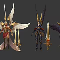 Game Fantasy Characters with Elaborate Wings and Unique Weapons in Colorful Designs