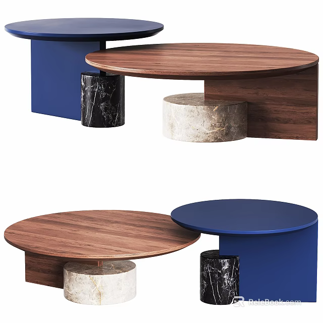 Round Wooden Coffee Table With Blue Pedestal And Marble Base Design 3d model 