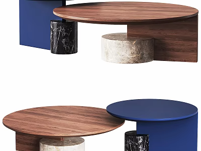 Round Wooden Coffee Table With Blue Pedestal And Marble Base Design 3d model
