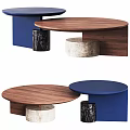 Round Wooden Coffee Table With Blue Pedestal And Marble Base Design