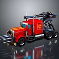 Red Transformer Style Truck With Yellow Stripes And Mechanical Arm Design
