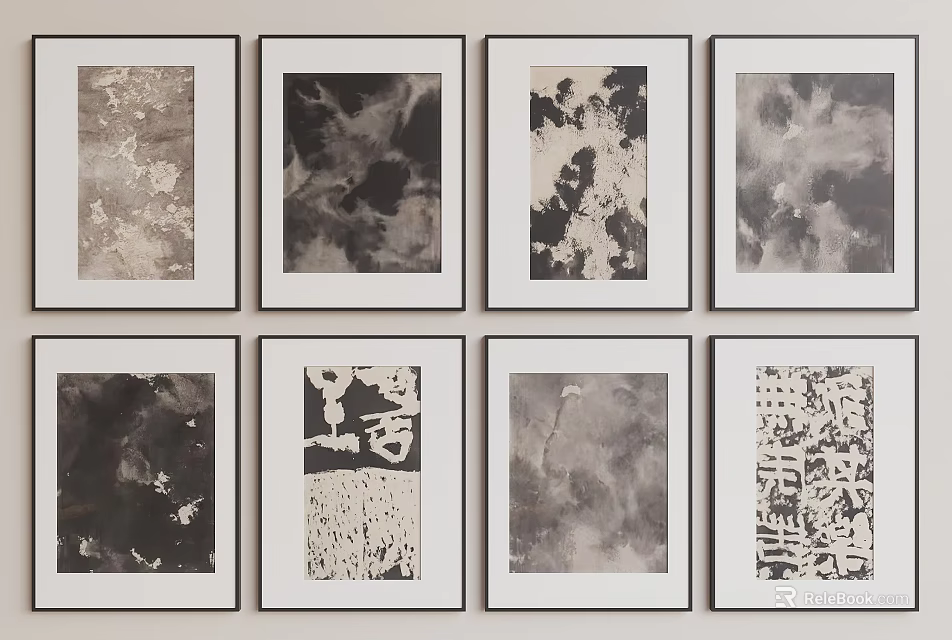 Abstract Paintings With Black White Gray Textured Patterns In Framed Wall Grid 3d model