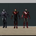 Three Iron Man Game Movie Characters With Detailed Armor Standing Against Wall