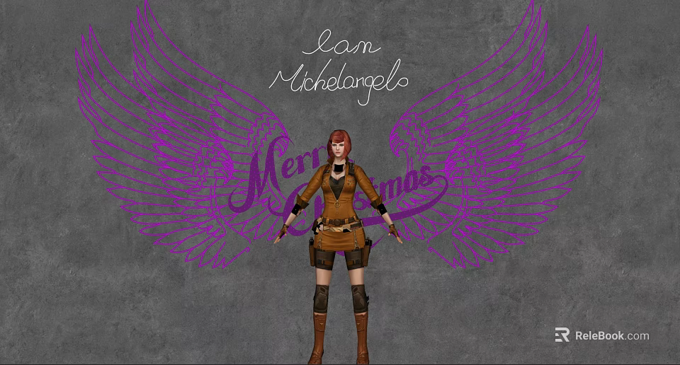 Red Haired Character In Brown Outfit With Christmas Decorative Lights And Purple Wings 3d model 