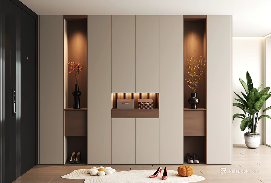 Elegant Modern Shoe Cabinet Design With Storage Shelves Decorative Vases And Potted Plant 3d model 