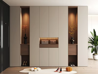 Elegant Modern Shoe Cabinet Design With Storage Shelves Decorative Vases And Potted Plant 3d model