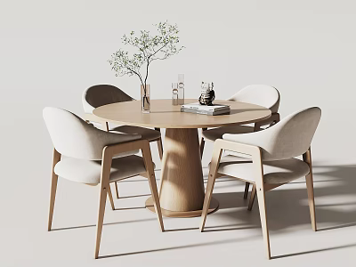 Minimalist Light Wood Round Dining Table Set with Four Upholstered Chairs and Green Plant Vase 3d model