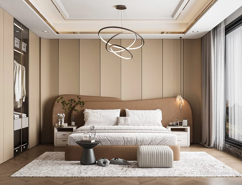 Modern Bedroom Interior Design With Upholstered Headboard Circular Pendant Light Nightstands And Area Rug 3d model 