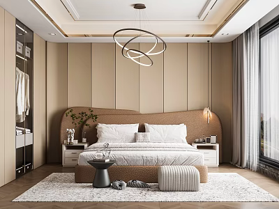 Modern Bedroom Interior Design With Upholstered Headboard Circular Pendant Light Nightstands And Area Rug 3d model