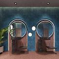 Public Toilet Interior With Blue Walls Round Mirrors Black Sinks And Green Plant