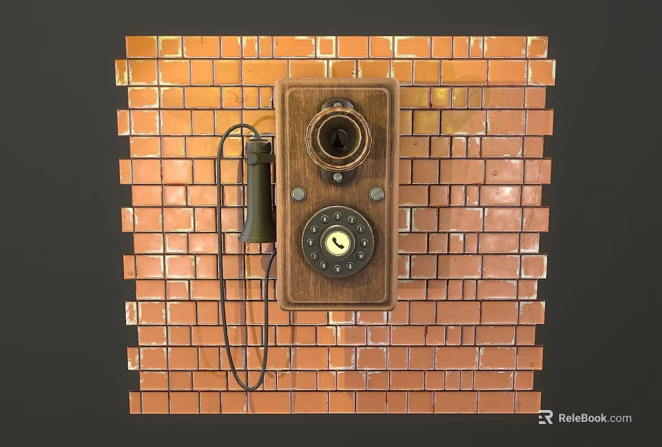 Vintage Old Fashioned Telephone With Classic Dial Mounted On Red Brick Wall 3d model 