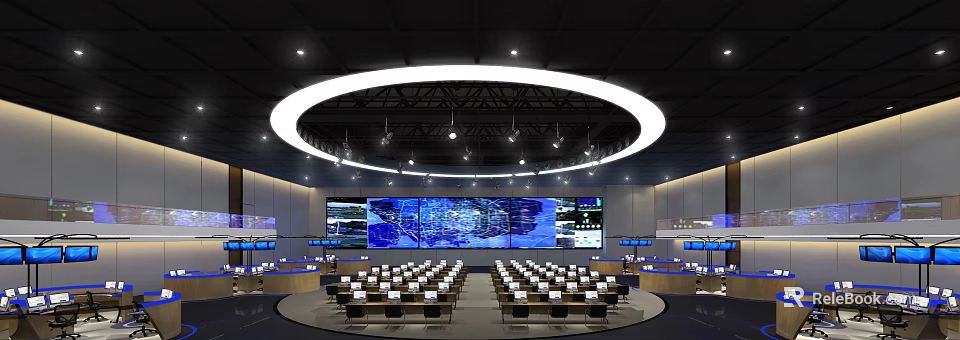Modern Monitoring Control Room With Multiple Large Monitor Screens And Control Consoles Layout 3d model 