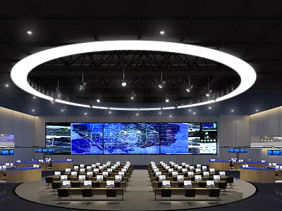 Modern Monitoring Control Room With Multiple Large Monitor Screens And Control Consoles Layout 3d model