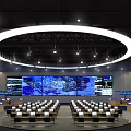 Modern Monitoring Control Room With Multiple Large Monitor Screens And Control Consoles Layout