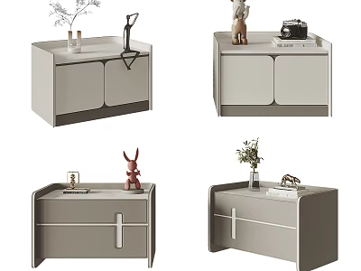 Modern Minimalist Light Gray Bedside Tables with Decorative Items Vase Figurines and Camera 3d model