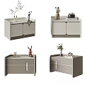 Modern Minimalist Light Gray Bedside Tables with Decorative Items Vase Figurines and Camera