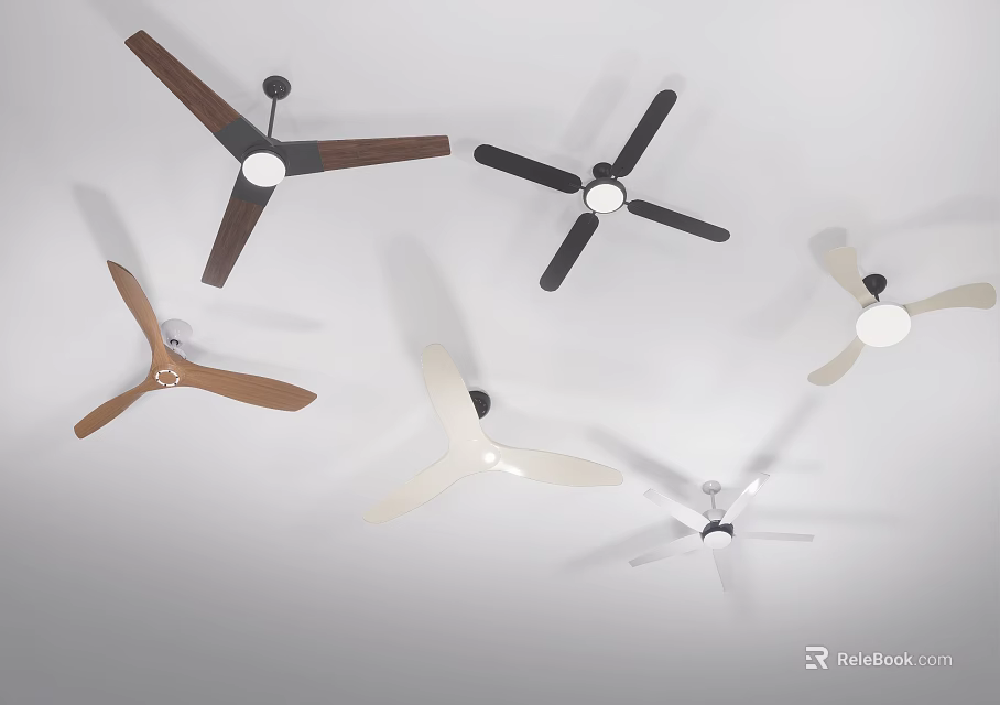 Modern Air Conditioning Fans With Various Color Blades And Ceiling Mounted Design 3d model 