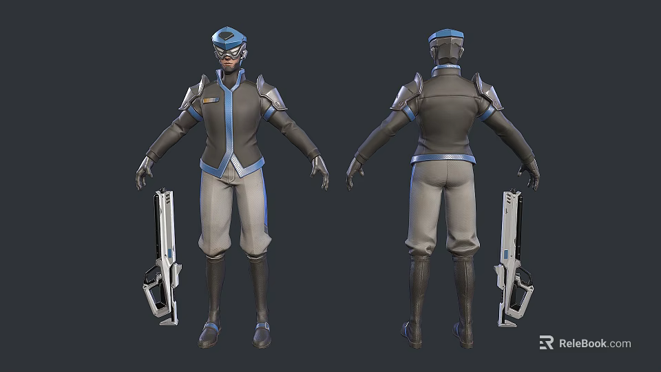 Sci Fi Man in Armored Suit With Blue Accents Holding Weapons 3D Model Front Back Views 3d model 