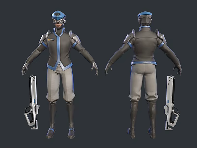 Sci Fi Man in Armored Suit With Blue Accents Holding Weapons 3D Model Front Back Views 3d model