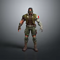 Detailed 3D Warrior Character Model In Green Combat Outfit With Mechanical Arm And Knee Pads