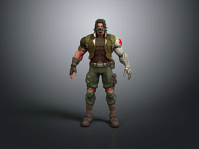 Detailed 3D Warrior Character Model In Green Combat Outfit With Mechanical Arm And Knee Pads 3d model