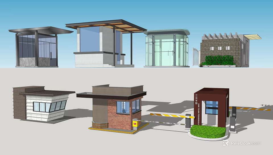 Diverse Small Architectural Structures With Modern Glass Brick Exteriors And Entrance Gate Elements 3d model 