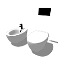 Two Modern White Bathroom Toilets With Faucet And Black Wall Panel
